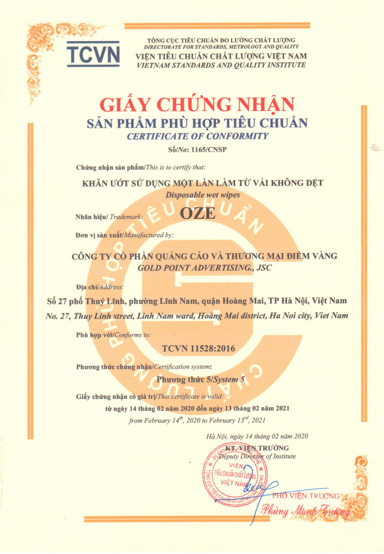 Chứng nhận Khăn ướt OZE 2