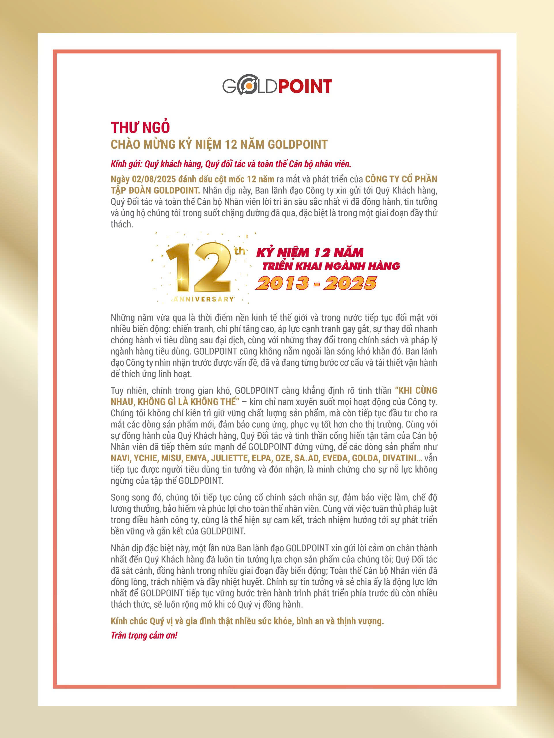 THƯ NGỎ KỶ NIỆM 12 NĂM GOLDPOINT